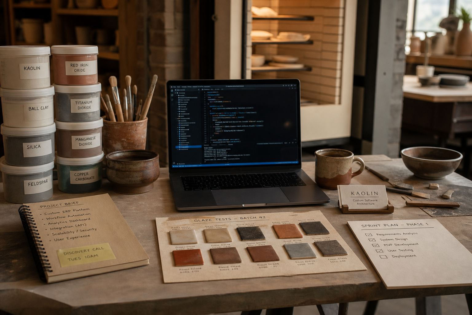 Software development workspace with ceramic studio material discipline at DELTAOS LIMITED